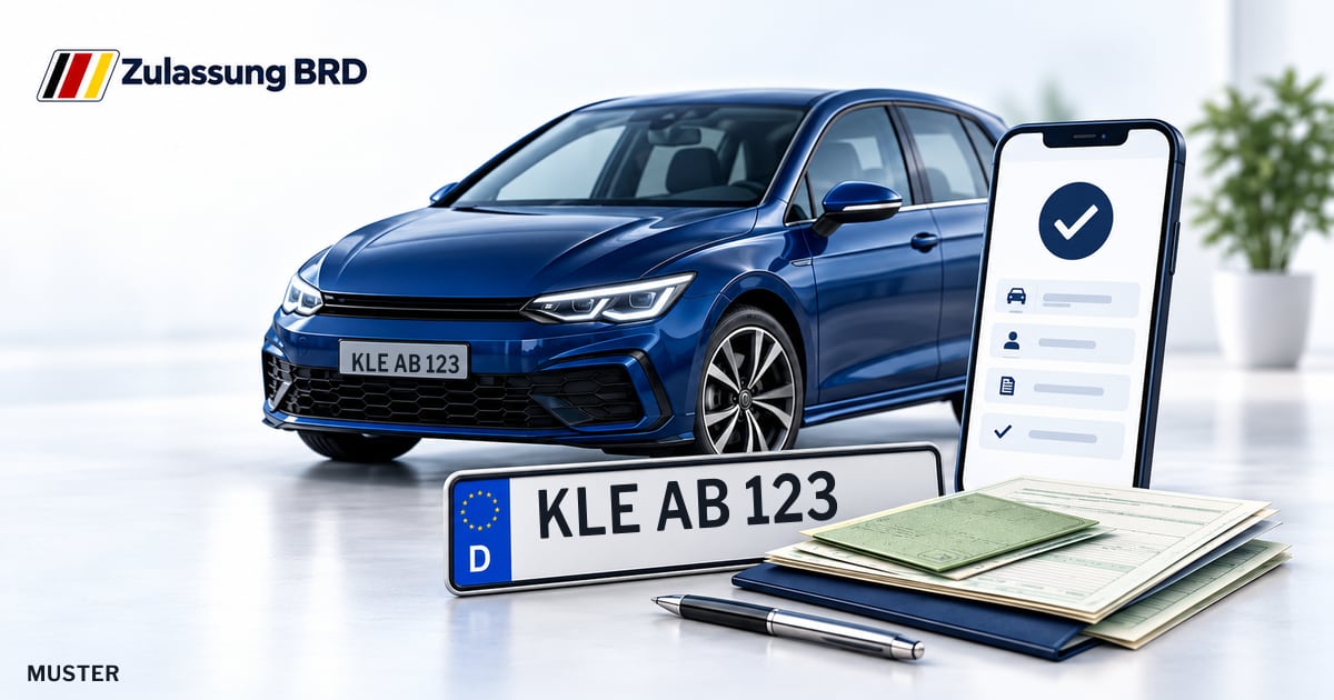 Online Fahrzeugzulassung in Landkreis Kleve: Musterkennzeichen KLE AB 123, Auto und Fahrzeugpapiere und Smartphone. Illustration mit Logo von Zulassung BRD.